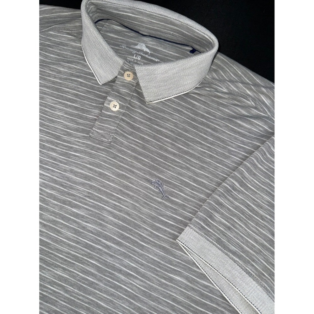 Tommy Bahama Mens Large Gray Striped Short Sleeve Polo‎ Shirt Marlin Logo Cotton